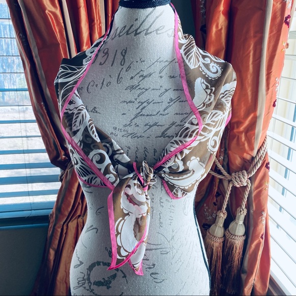 Chiffon Hawaiian White Paisley Print Brown Pink Border Sheer Neck Purse Scarf OS - Picture 8 of 16